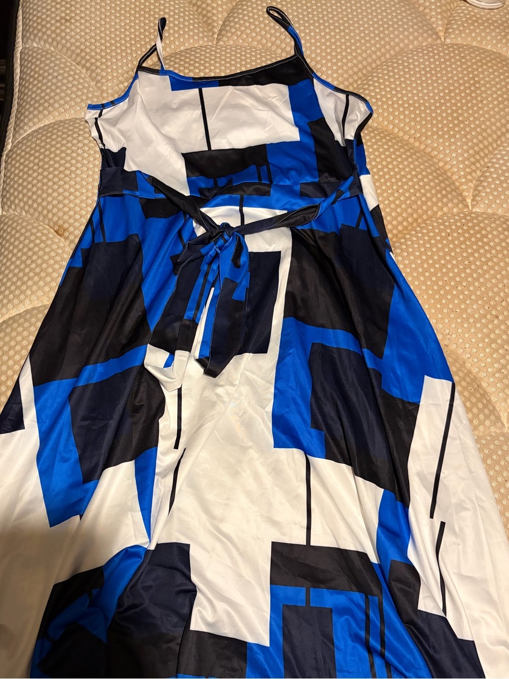 Geometric Blue & White Midi Dress with Waist Tie